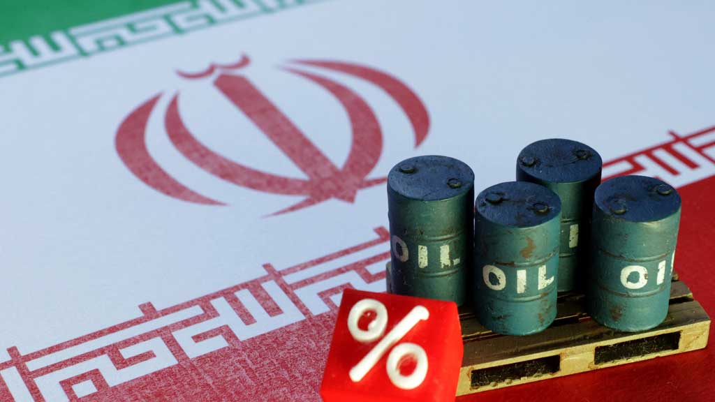 Iranian flag and 3D printed oil barrels miniature are seen in this illustration taken Jun 23, 2025. REUTERS/Dado Ruvic/Illustration