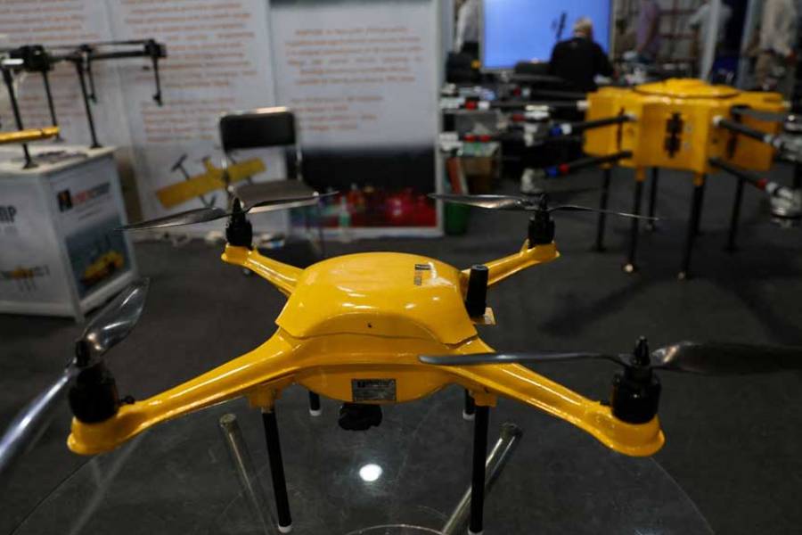 A view shows Falcon, a surveillance drone, on display at the drone exhibition at Bharat Drone Shakti 2023 organised by the Indian Air Force and Drone Federation of India at the Hindon Airbase in Ghaziabad, India, Sept 25, 2023.