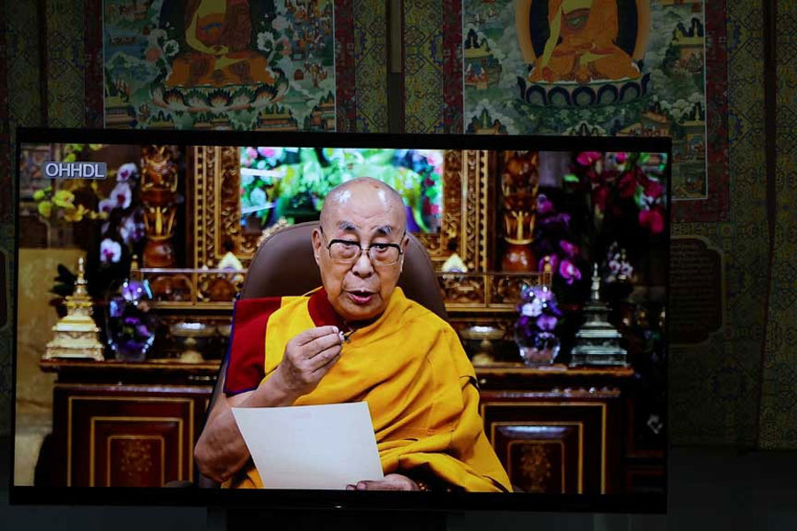 Tibetan spiritual leader Dalai Lama addresses via a video message at the inaugural session at the 15th Tibetan Religious Conference at the Dalai Lama Library and Archive near Tsuglagkhang, also known as Dalai Lama’s Temple complex, in the northern hill town of Dharamshala, India, Jul 2, 2025.