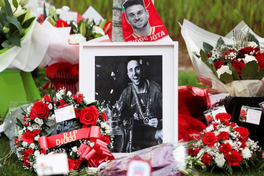 Flower tributes are left outside Liverpool's Anfield Stadium after Liverpool's Portuguese soccer player Diogo Jota died in a car crash near Zamora, Spain, in Liverpool, Britain, July 4, 2025.