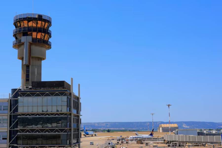 View of the air traffic control tower of the Marseille-Provence airport on the eve of a strike call by two air traffic controllers' unions to defend their working conditions, in Marignane, near Marseille, France, July 2, 2025.