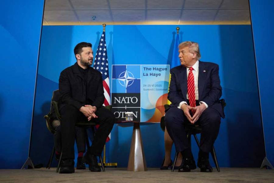 US President Donald Trump and Ukraine’s President Volodymyr Zelenskiy attend a meeting on the sidelines of NATO summit in The Hague, Netherlands Jun 25, 2025.