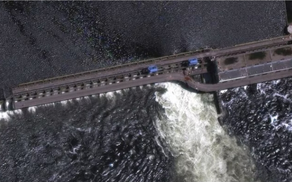 A satellite image shows Nova Kakhovka Dam in Kherson region, Ukraine May 28, 2023. Maxar Technologies/Handout via REUTERS