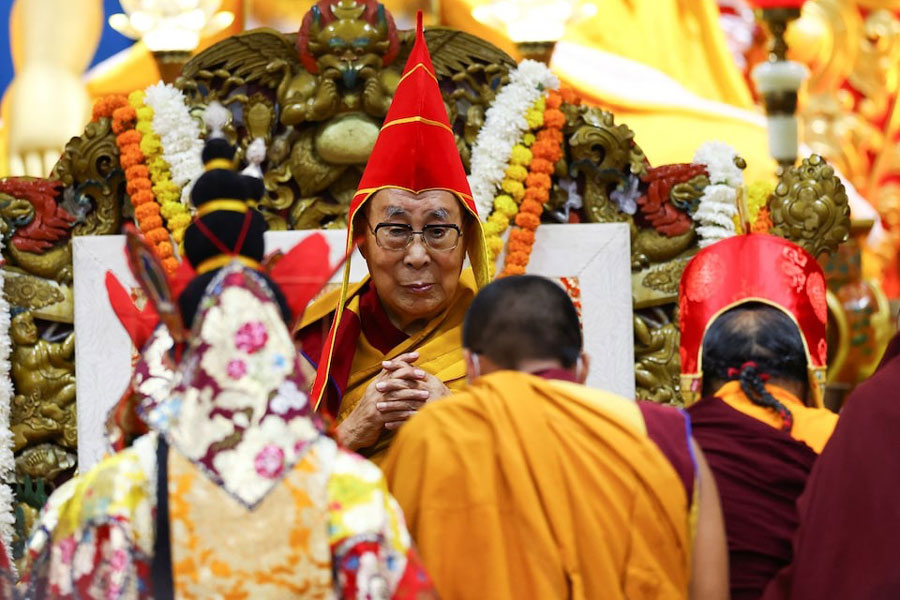 Tibetan spiritual leader the Dalai Lama attends a prayer meet held for his long life at the Dalai Lama temple in the northern hill town of Dharamshala, India, July 5, 2025.