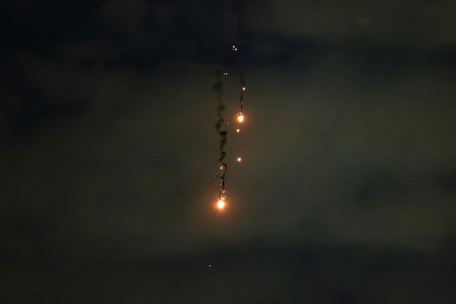 An explosion of a drone is seen in the sky over the city during a Russian drone strike, amid Russia's attack on Ukraine, in Kyiv, Ukraine July 4, 2025.