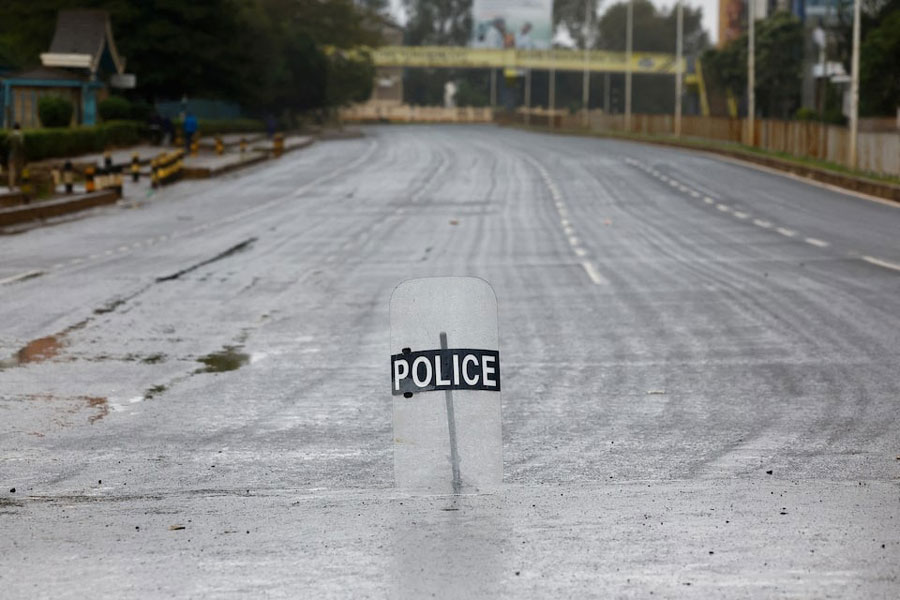 A riot-police shield sits propped up by a baton on the road, as people participate in anti-government protests (not pictured) dubbed "Saba Saba People's March" in downtown Nairobi, Kenya July 7, 2025.