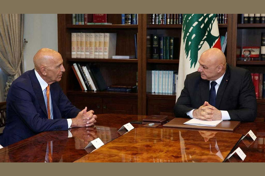 US Special Envoy for Syria Thomas Barrack meets with Lebanese President Joseph Aoun at the presidential palace in Baabda, Lebanon, in this handout image released on Jul 7, 2025.