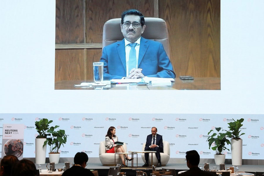 State Bank of Pakistan Governor Jameel Ahmad and Central Bank of Sri Lanka Governor P Nandalal Weerasinghe (on screen) speak at the Reuters NEXT Asia summit in Singapore July 9, 2025.