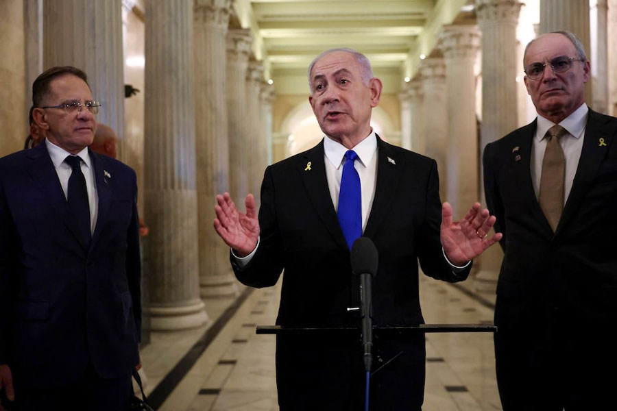 Israeli Prime Minister Benjamin Netanyahu speaks to the press, on Capitol Hill in Washington, DC, US, July 8, 2025.