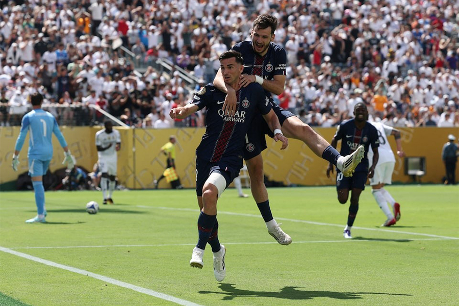 Paris St Germain's Fabian Ruiz celebrates scoring their first goal with Khvicha Kvaratskhelia during the FIFA Club World Cup semi-final match against Real Madrid at MetLife Stadium, East Rutherford, New Jersey, US on July 9, 2025 — Reuters photo