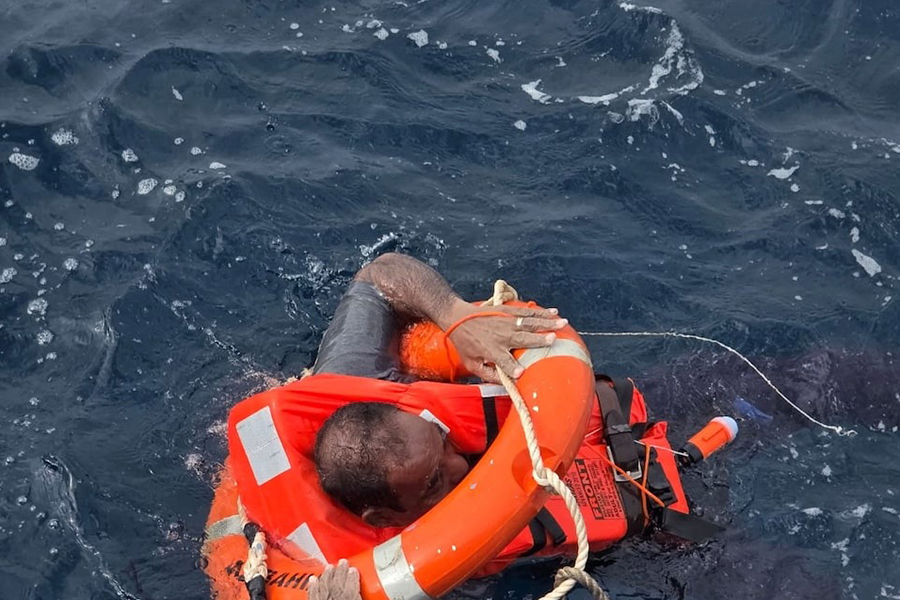 A crew said to be from cargo ship Eternity C, which sank after being attacked, is seen at sea during a rescue operation, off Yemen, in this handout image released on July 9, 2025 — Diaplous/Handout via REUTERS