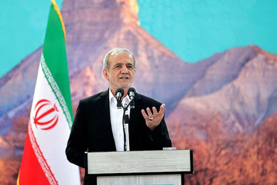 Iranian President Masoud Pezeshkian speaks during a meeting in Ilam, Iran, June 12, 2025.