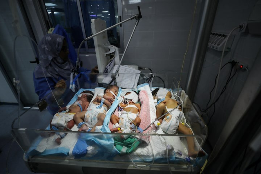 Palestinian newborns share an incubator at Al-Helou hospital due to fuel crisis, according to medics, amid the Israeli military offensive, in Gaza City, July 10, 2025.