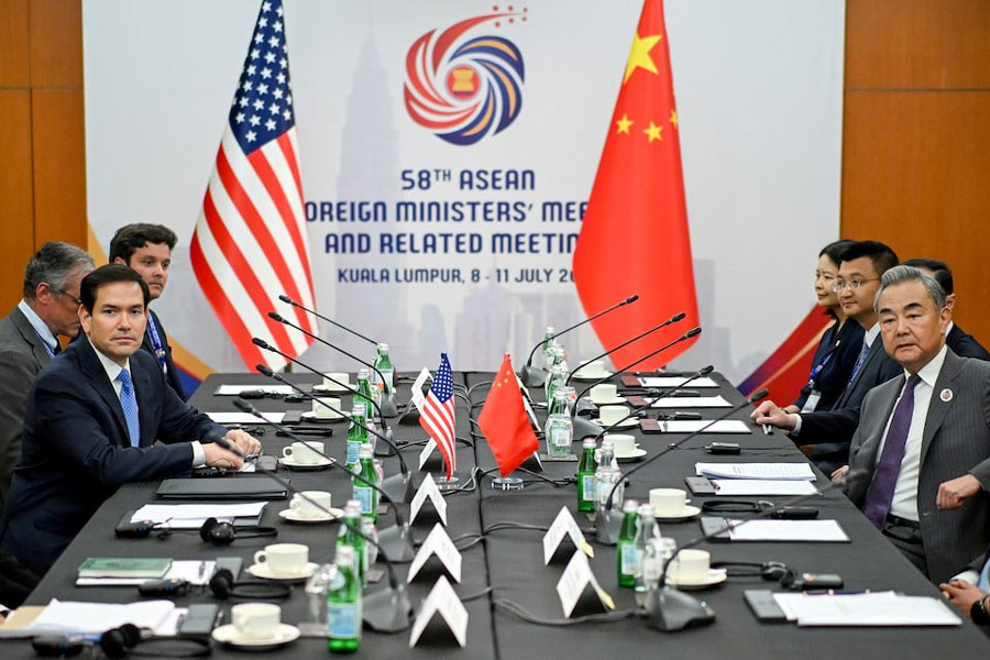 US Secretary of State Marco Rubio meets with China's Foreign Minister Wang Yi during the 58th ASEAN Foreign Ministers? meeting and related meetings at the Convention Centre in Kuala Lumpur on July 11, 2025.