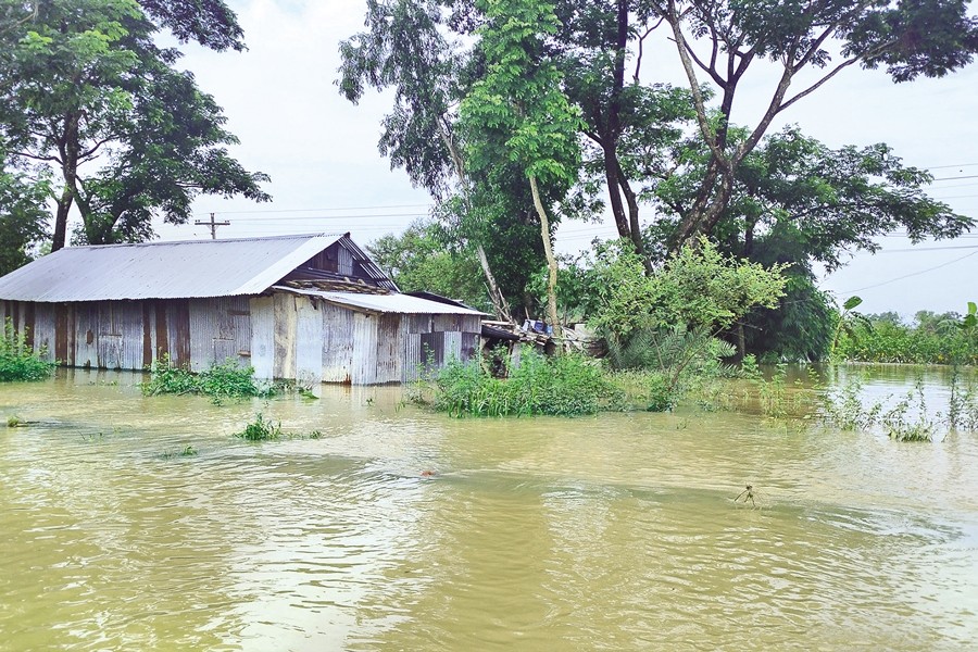 Heavy rainfall and water rushing in from upstream India cause floods in Feni, inundating many areas under five upazilas of the district and leaving thousands marooned. The photo was taken on Friday