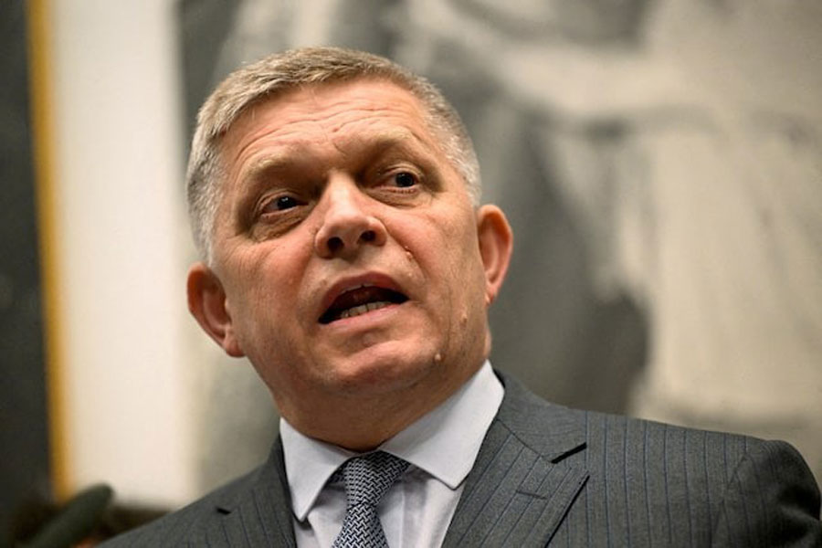 Slovakia’s Prime Minister Robert Fico attends a press conference, as he marks the anniversary of his attempted assassination, at the site of the attack, in Handlova, central Slovakia May 15, 2025.