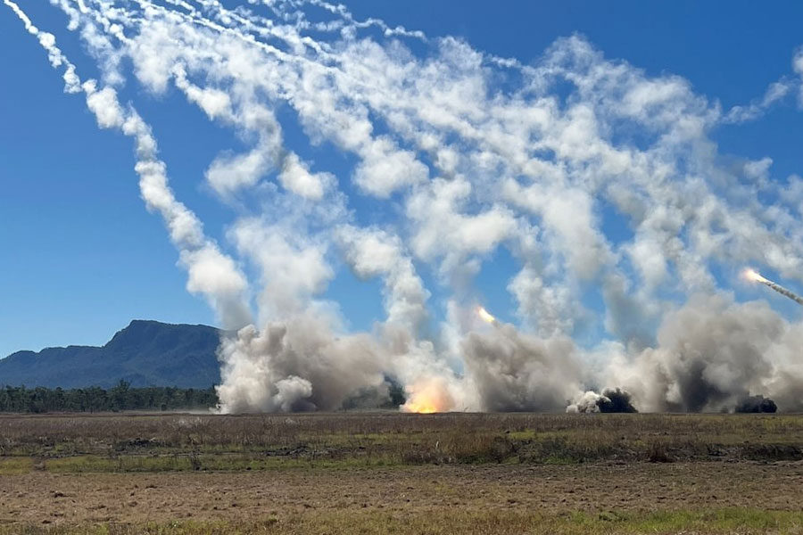 HIMARS rockets are fired by Australian, US and Singapore defence forces as part of the Talisman Sabre 2025 joint war fighting exercise, at Shoalwater Bay, Queensland, Australia, July 14, 2025.