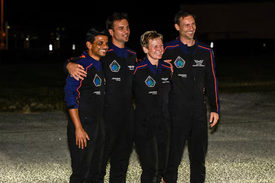 The Axiom-4 crew, Pilot Shubhanshu Shukla of India, Mission Specialist Tibor Kapu of Hungary, Commander Peggy Whitson of the US, and Mission Specialist Slawosz Uznanski-Wisniewski of Poland, react as they greet their family members before their mission to the International Space Station, in Cape Canaveral, Florida, US on June 24, 2025 — Reuters/File