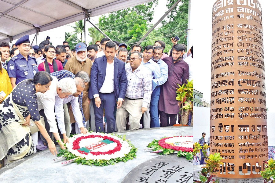 Five advisers of the interim government - Asif Nazrul, Syeda Rizwana Hasan, Adilur Rahman Khan, CR Abrar and Asif Mahmud - placing a wreath at the country's first July Martyr Memorial in Narayanganj on Monday