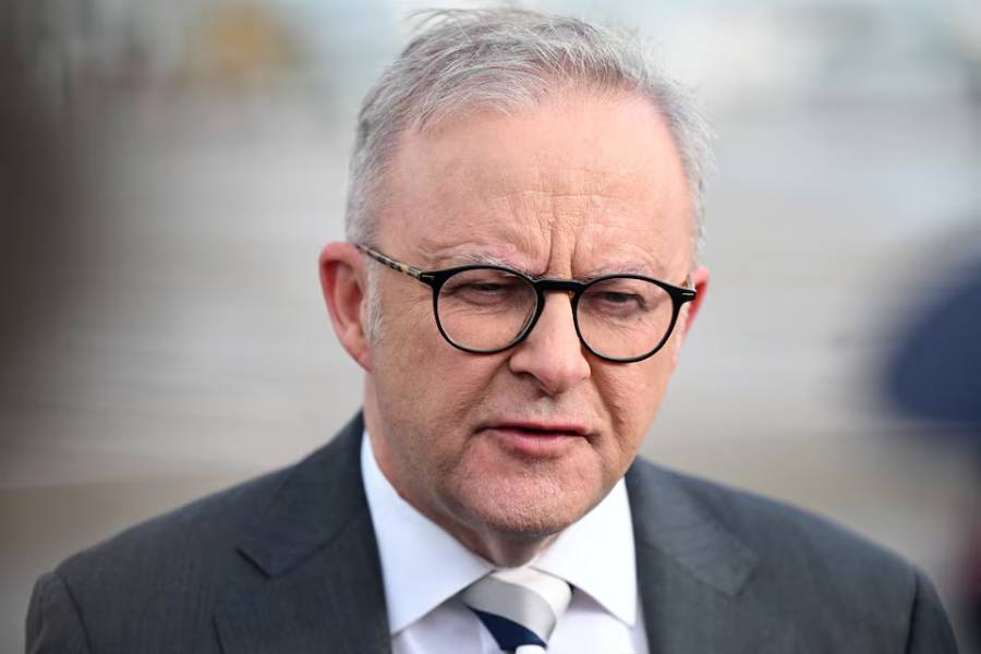 Australian Prime Minister Anthony Albanese speaks to media after arriving at Shanghai Pudong International Airport in Shanghai, China, July 12, 2025. Albanese has travelled to China for a six-day visit.