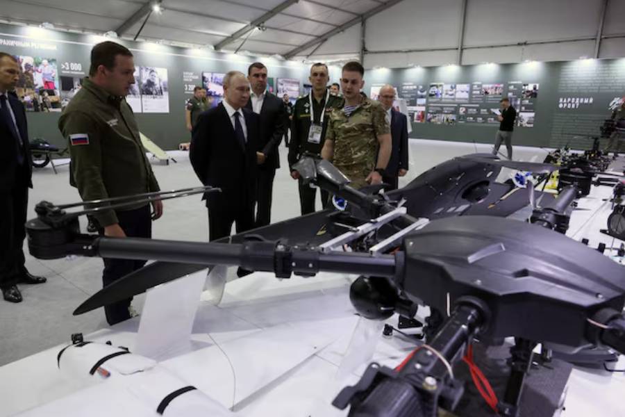 Russian President Vladimir Putin tours a military hardware exhibition organised by the All-Russia People's Front political movement, in Moscow, Russia July 6, 2025.