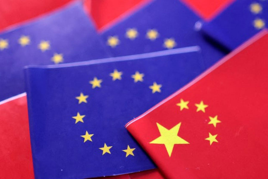 EU and Chinese flags are seen in this illustration taken, March 20, 2025.