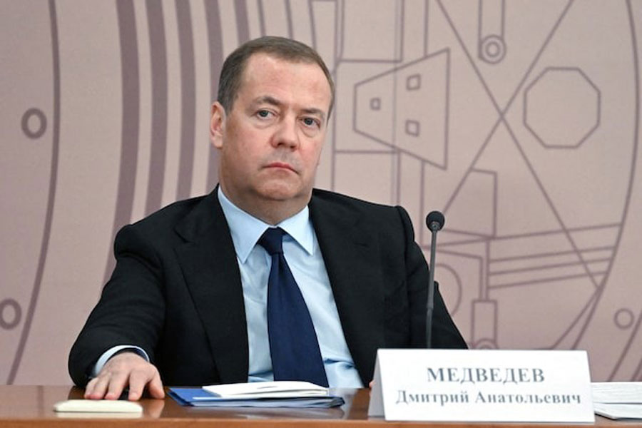 Russia's Security Council's Deputy Chairman Dmitry Medvedev attends a meeting of the Council for Science and Education at the Joint Institute for Nuclear Research in the Moscow region's city of Dubna, Russia June 13, 2024.