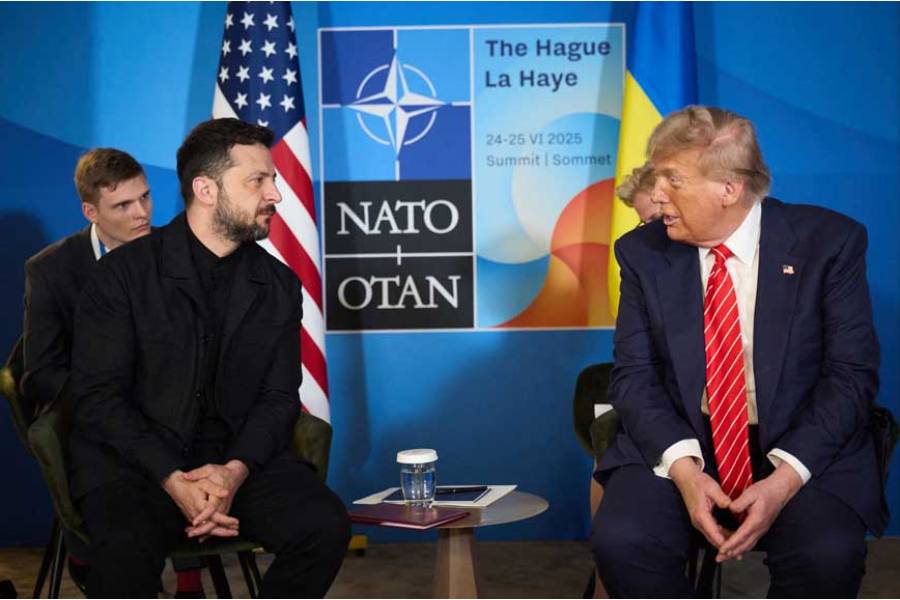 US President Donald Trump Ukraine's President Volodymyr Zelensky attend a meeting on the sidelines of NATO summit in The Hague, Netherlands Jun 25, 2025.