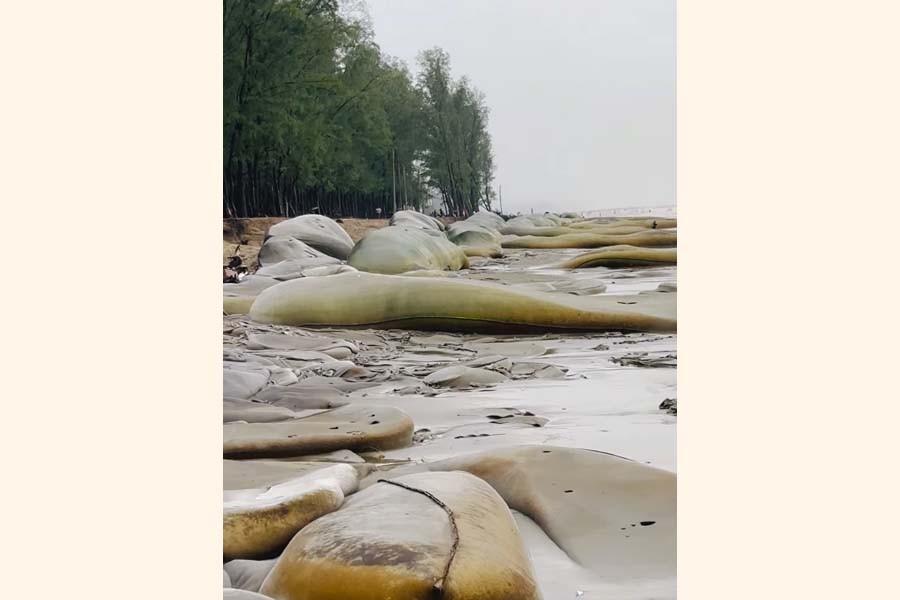 Photo shows geotextile bags of an embankment got damaged at Laboni Beach point of Cox's Bazar sea beach