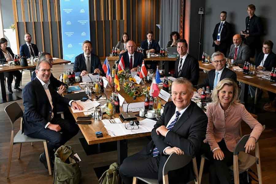 European Commissioner for Internal Affairs and Migration Magnus Brunner, Danish Minister of Immigration and Integration Kaare Dybvad Bek, French Interior Minister Bruno Retailleau, German Interior Minister Alexander Dobrindt, Parliamentary State Secretary to the Federal Minister of the Interior Daniela Ludwig, Polish Interior Minister Tomasz Siemoniak, Austrian Interior Minister Gerhard Karner, and Czech Interior Minister Vit Rakusan meet to discuss migration policies, during Zugspitze Summit, near Garmisch-Partenkirchen, Germany, July 18, 2025.