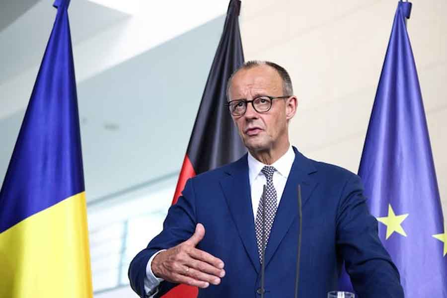 German Chancellor Friedrich Merz speaks during a press conference with Romanian President Nicusor Dan (not pictured), in Berlin, Germany, July 18, 2025.
