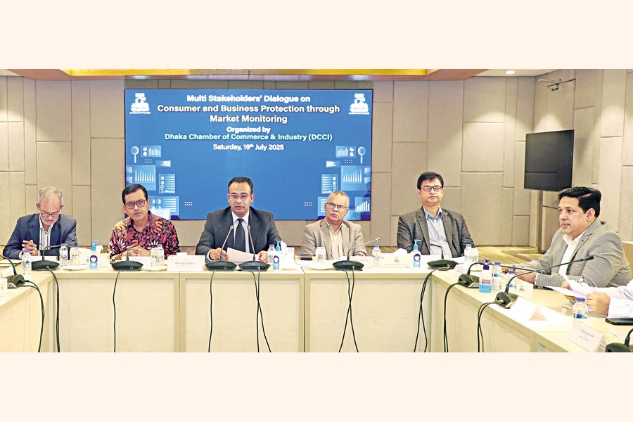 Dhaka Chamber of Commerce & Industry (DCCI) organised a dialogue on 'Consumer and business protection through market monitoring' at its office on Saturday. Acting President of DCCI Razeev H Chowdhury (3rd from left) chaired the event