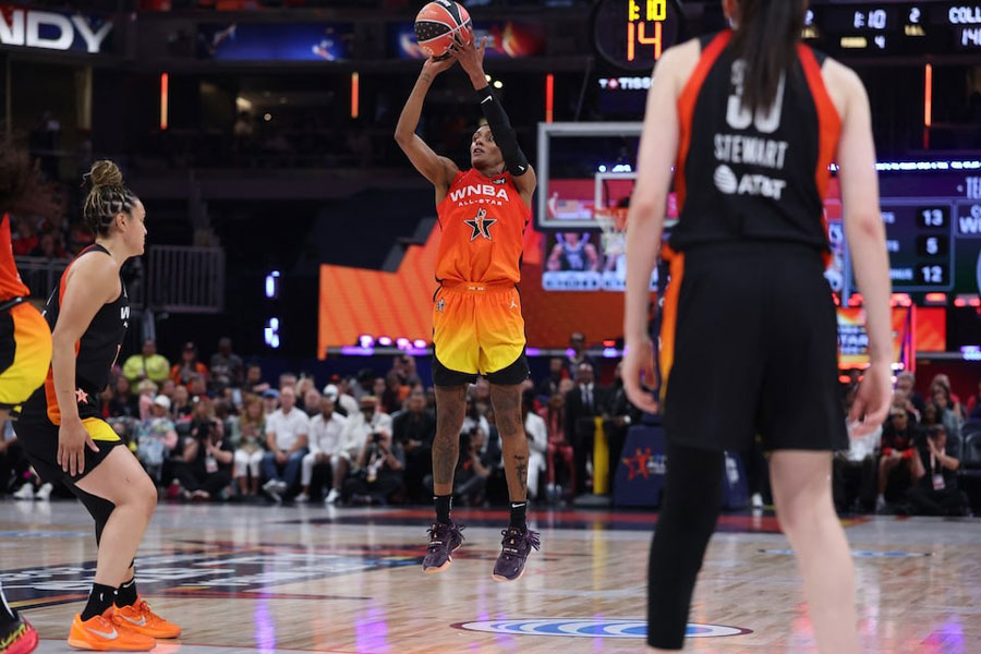 Jul 19, 2025; Indianapolis, IN, USA; Team Clark guard Brittney Sykes (20) shoots against Team Collier guard Kayla McBride (21) in the fourth quarter during the 2025 WNBA All Star Game at Gainbridge Fieldhouse.