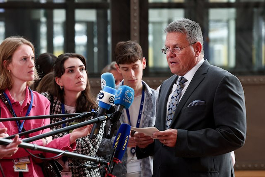European Commissioner for Trade Maros Sefcovic speaks to the media ahead of a European Union Foreign Affairs Council (Trade) meeting to discuss EU-US relations, in Brussels, Belgium July 14, 2025.