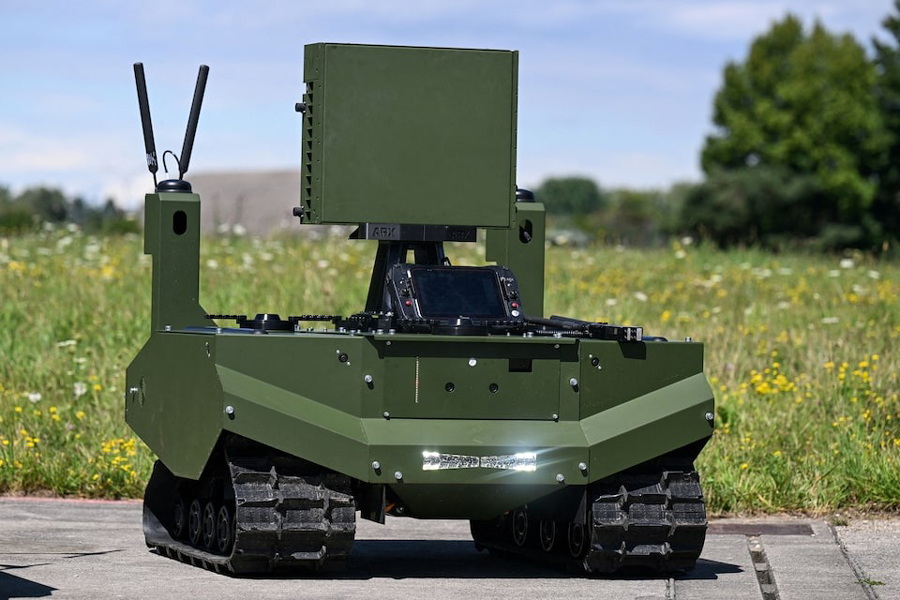 A military vehicle is displayed, on the day German Defence Minister Boris Pistorius visits the Innovation Lab of Germany's Army Bundeswehr in Erding, Germany, July 22, 2025.