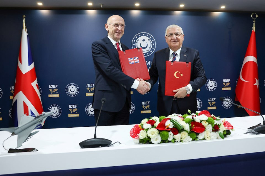 Turkish Defence Minister Yasar Guler and British Defence Secretary John Healey attend a signing ceremony on the sidelines of the International Defence Industry Fair (IDEF) in Istanbul, Turkey, July 23, 2025.