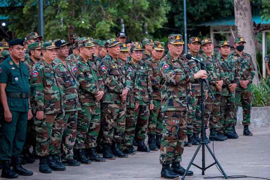 Cambodia's Prime Minister Hun Manet speaks during a visit at a military base, following a clash at the Thailand-Cambodia border on May 28, 2025, in Preah Vihear province, Cambodia, Jun 23, 2025.