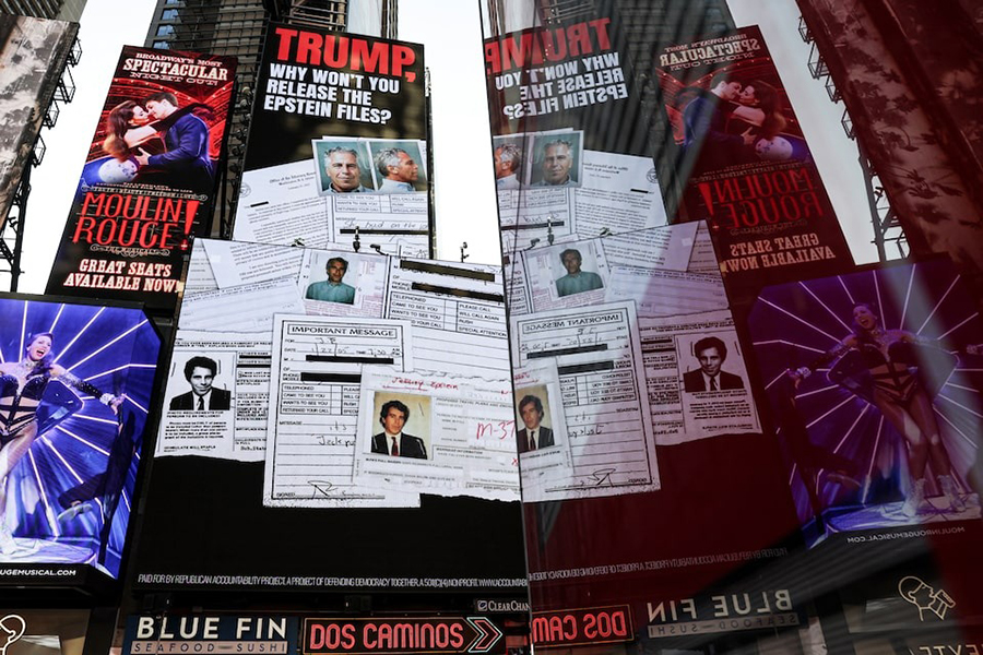 A screen about the Jeffrey Epstein files is displayed at Times Square in New York City, US on July 23, 2025 — Reuters photo