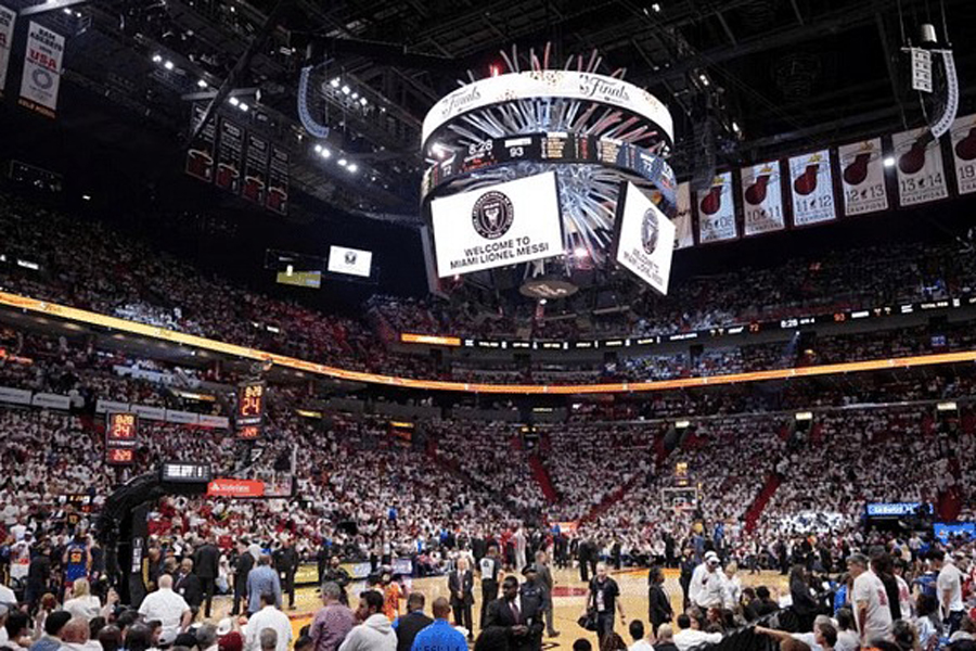 Jun 7, 2023; Miami, Florida, USA; A general view of the video board with a welcome message for soccer player Lionel Messi to Inter Miami CF during game three of the 2023 NBA Finals between the Miami Heat and Denver Nuggets at Kaseya Center.