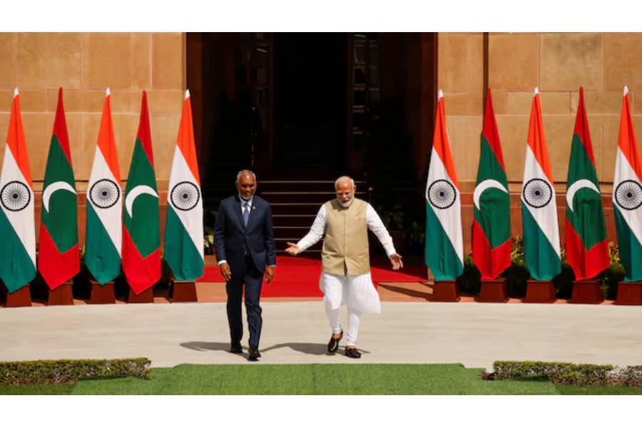 Maldives’ President Mohamed Muizzu meets with Indian Prime Minister Narendra Modi at Hyderabad House, New Delhi, India, October 7, 2024.