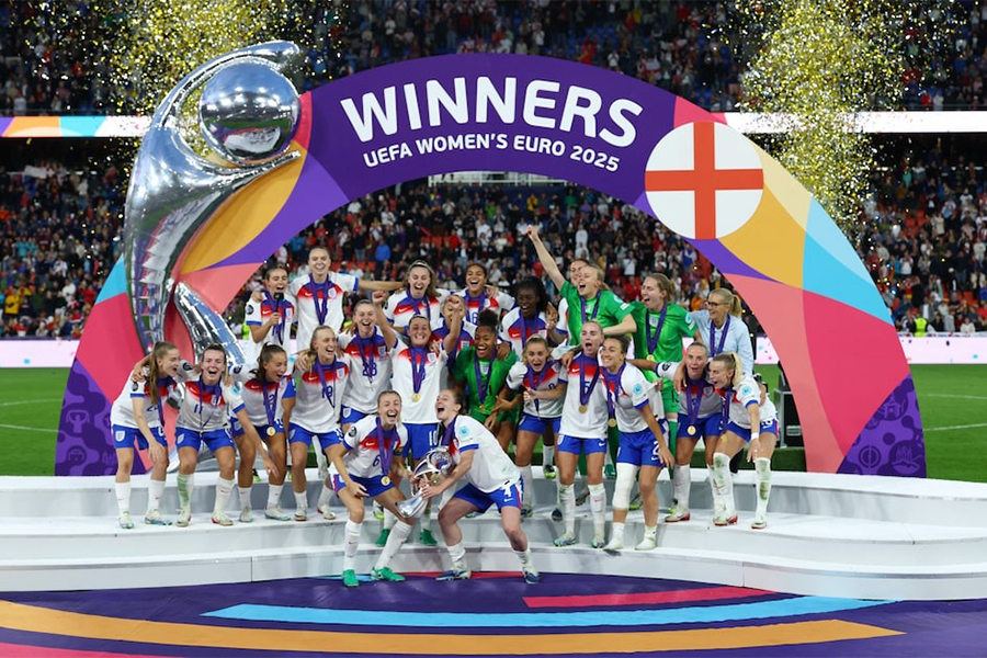 England's Leah Williamson and Keira Walsh celebrate with the trophy and teammates after winning the UEFA Women's Euro at St Jakob-Park in Basel, Switzerland on July 27, 2025 — Reuters photo