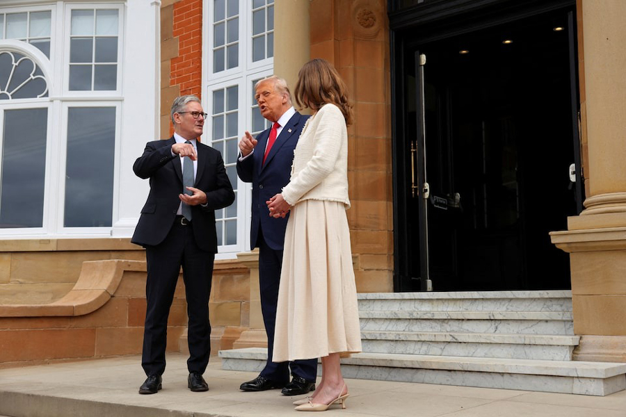 US President Donald Trump is greeted by British Prime Minister Keir Starmer, on the day of a bilateral meeting at Trump Turnberry resort in Turnberry, Scotland, Britain, July 28, 2025.