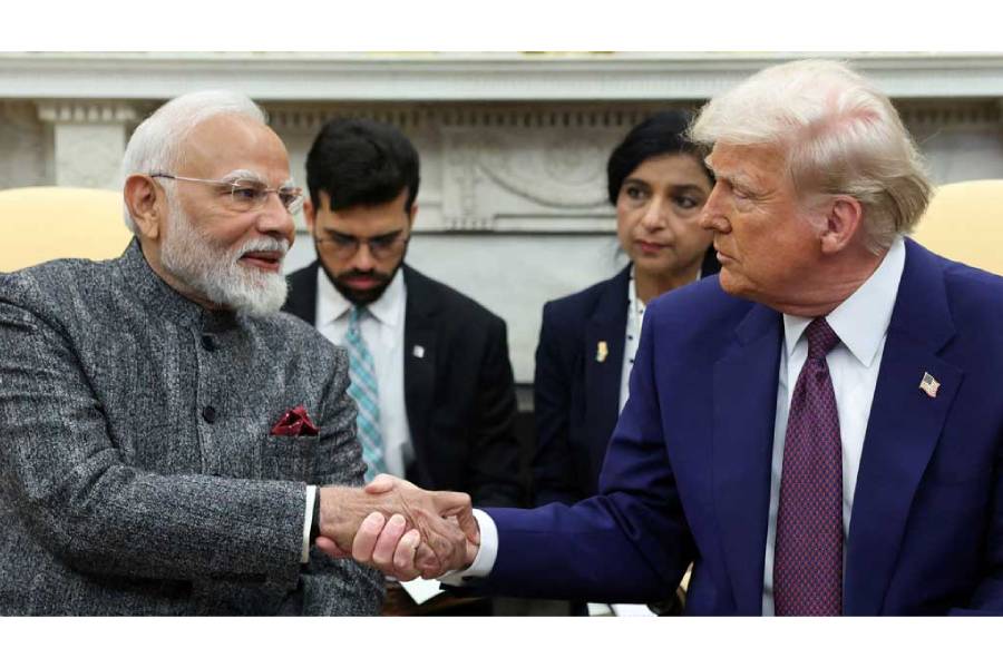 US President Donald Trump and Indian Prime Minister Narendra Modi shake hands, at the White House in Washington, DC, US, Feb 13, 2025.