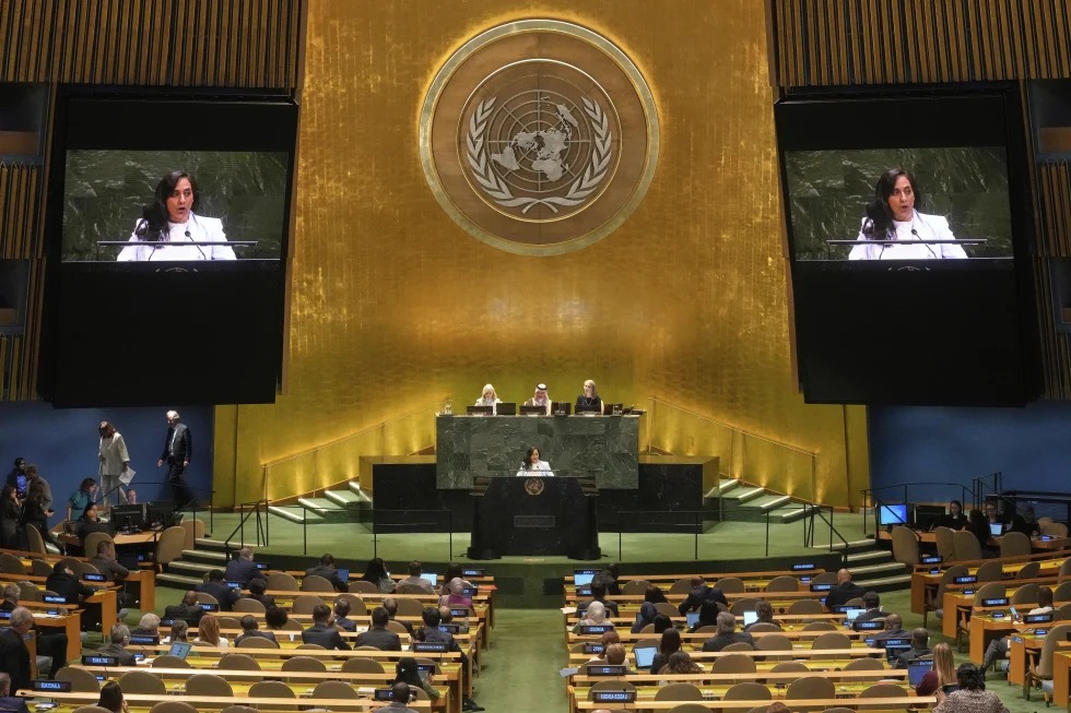 Canada Foreign Minister Anita Anand addresses the United Nations General Assembly, Monday, July 28, 2025. (AP Photo/Richard Drew)