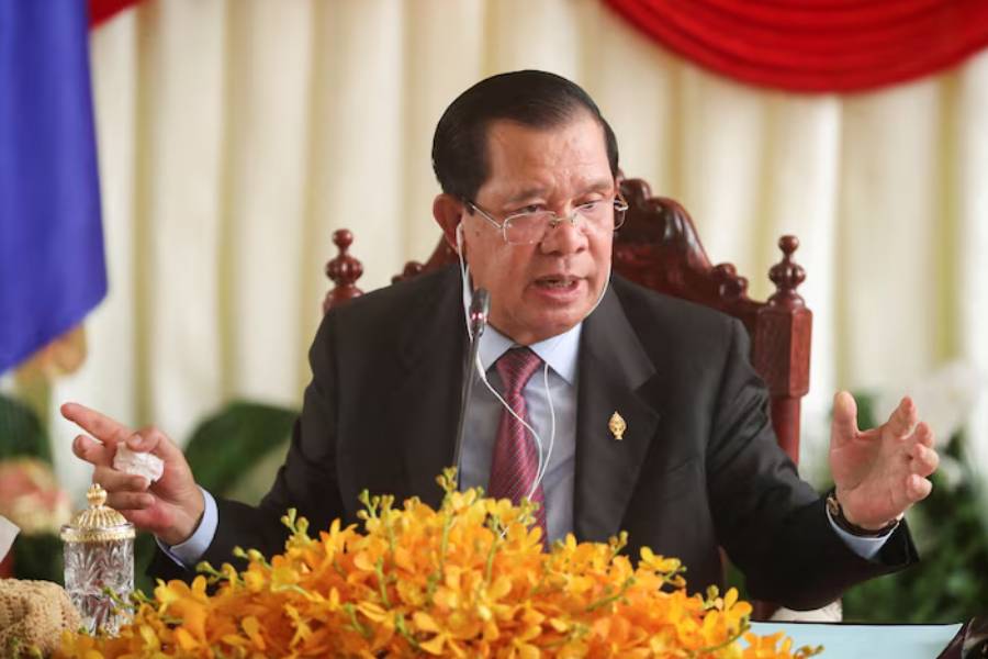Hun Sen speaks at a press conference at the National Assembly in Phnom Penh, Cambodia, August 22, 2023.