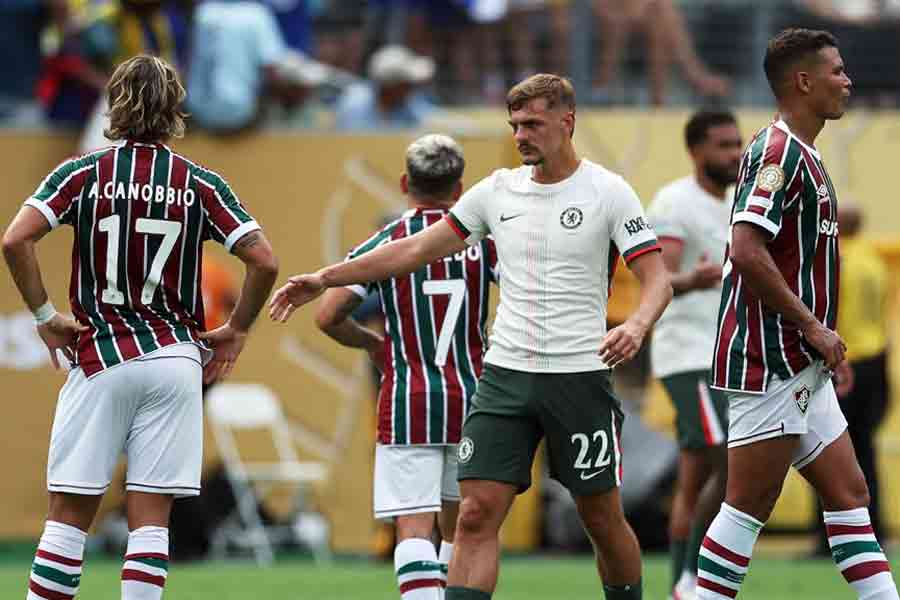 Chelsea's Kiernan Dewsbury-Hall shakes hands with Fluminense's Agustin Canobbio after the match - FIFA Club World Cup - Semi Final - Fluminense v Chelsea - MetLife Stadium, East Rutherford, New Jersey, US - Jul 8, 2025.