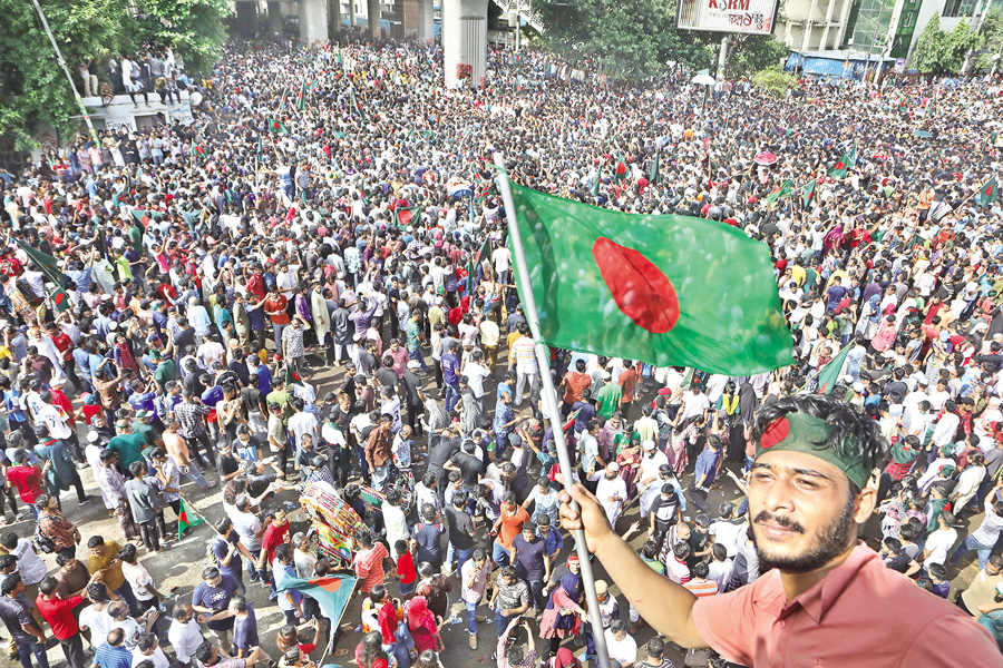 A NEW DAWN IN HISTORY : Tens of millions of people spilled onto the streets across the country on August 5 last year to celebrate the fall of the Sheikh Hasina-led autocratic government. Hasina was forced to flee to India amid a student-led popular uprising. The photo was taken at Shahbagh in Dhaka. — FE Archive