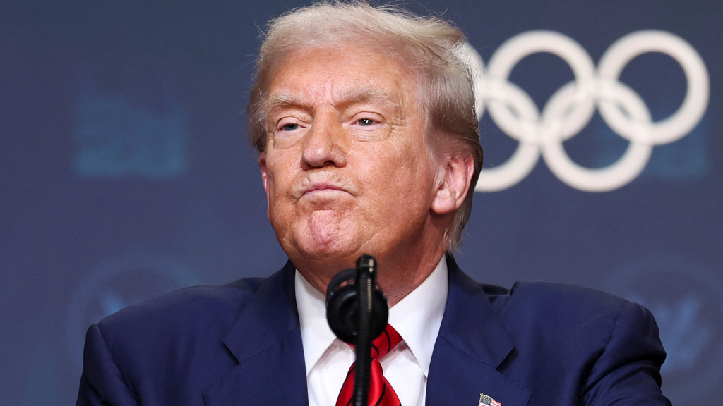 US President Donald Trump reacts after signing an executive order to create a White House Olympics task force to handle security and other issues related to the LA 2028 summer Olympics in the South Court Auditorium on the White House campus in Washington, DC, US, August 5, 2025. REUTERS