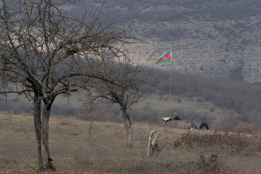 An Azeri soldier is seen at fighting positions near the village of Taghavard in the region of Nagorno-Karabakh, January 18, 2021. Picture taken January 18, 2021.