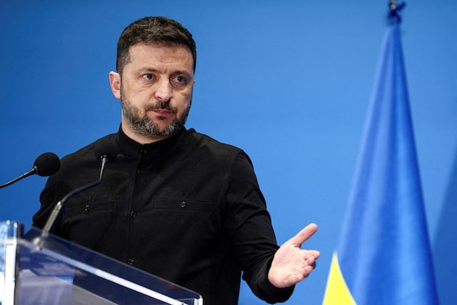 Ukrainian President Volodymyr Zelenskiy gestures during a press conference on the first day of the two-day Ukraine Recovery Conference, on plans for the reconstruction of Ukraine, in Rome, Italy, July 10, 2025.